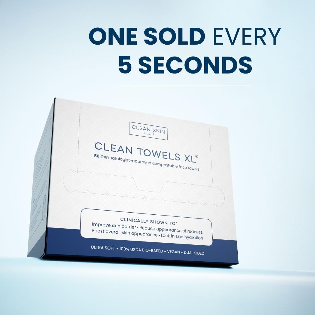 Clean Skin Club XL Towels, 100% USDA Biobased, ultra-soft disposable face wipes, eczema-friendly, makeup remover, 50 count pack.
