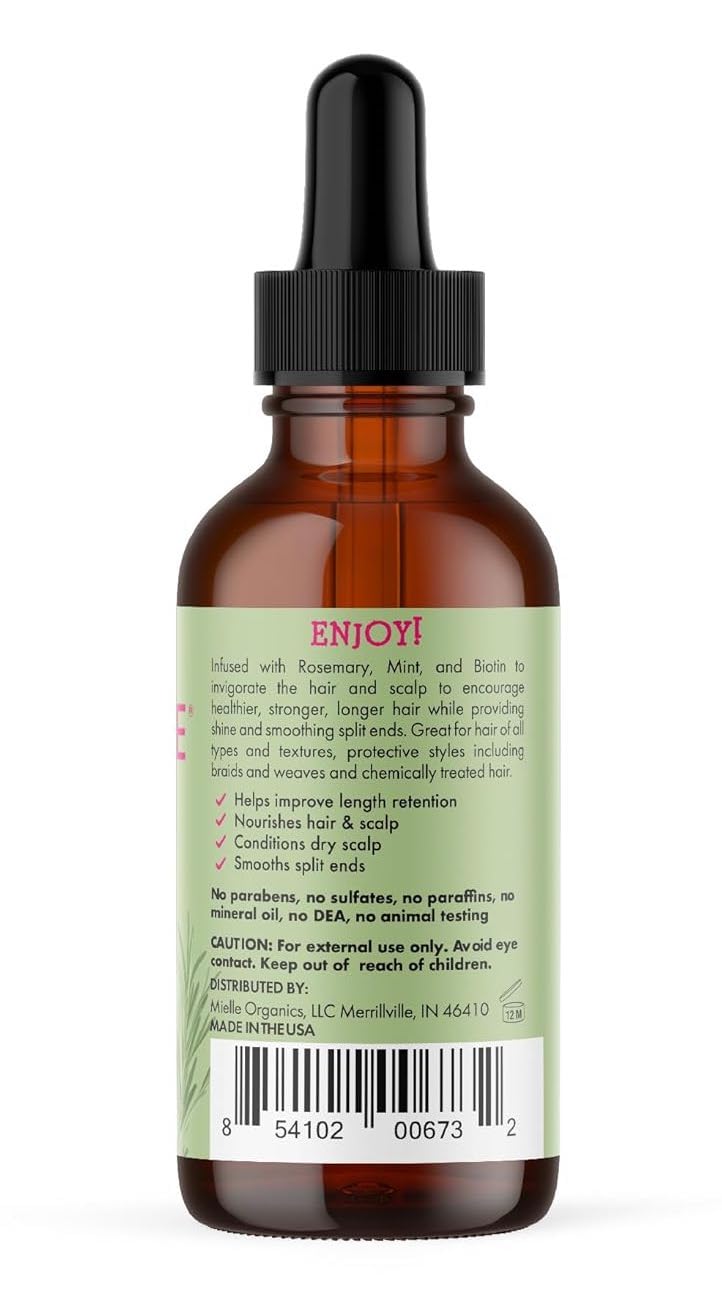 Mielle Rosemary & Mint Hair Oil 2oz, with Biotin, treats split ends, dry scalp, and strengthens hair.