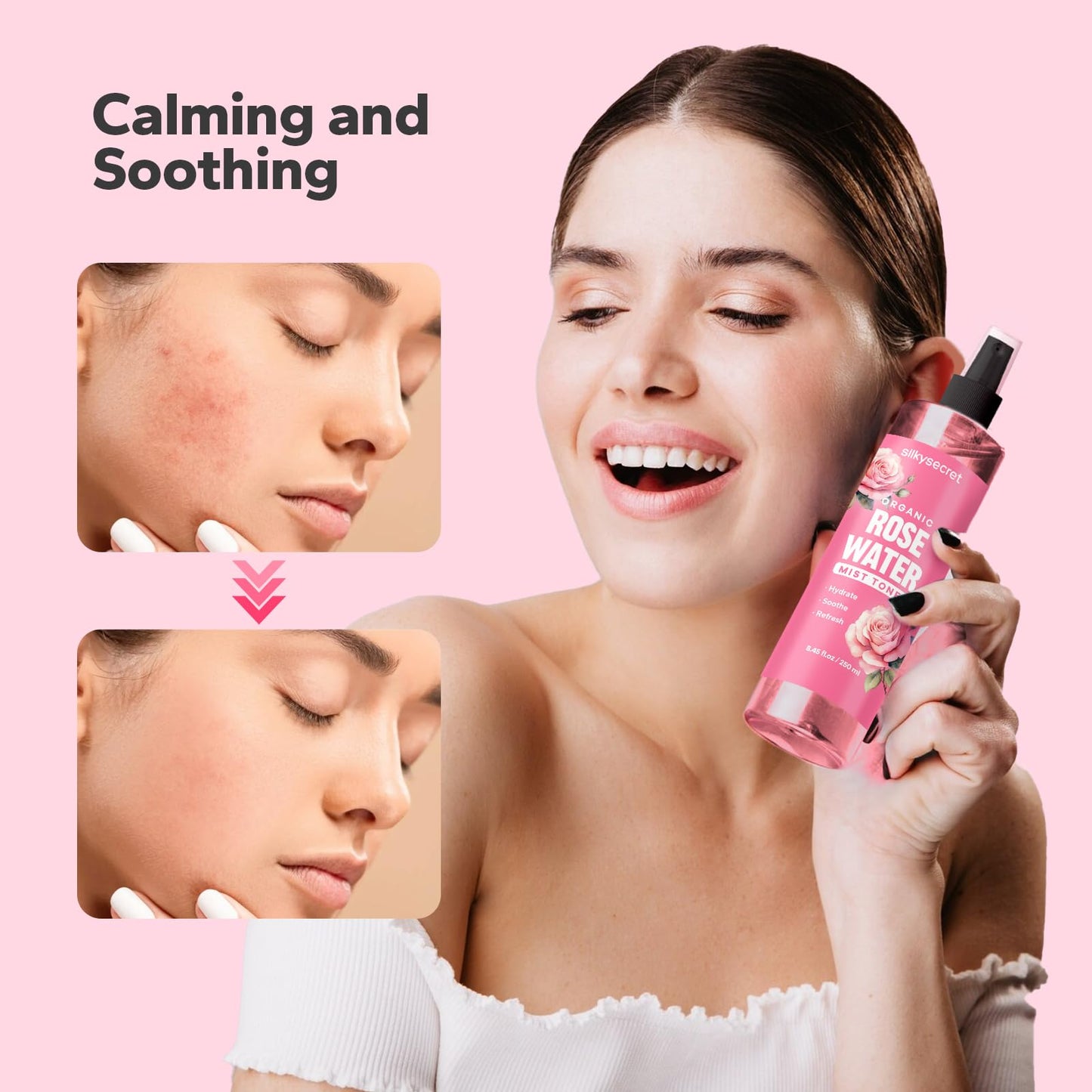SilkySecret Organic Rose Water Spray 8.45 fl oz, refreshing rosewater for face and hair skincare.
