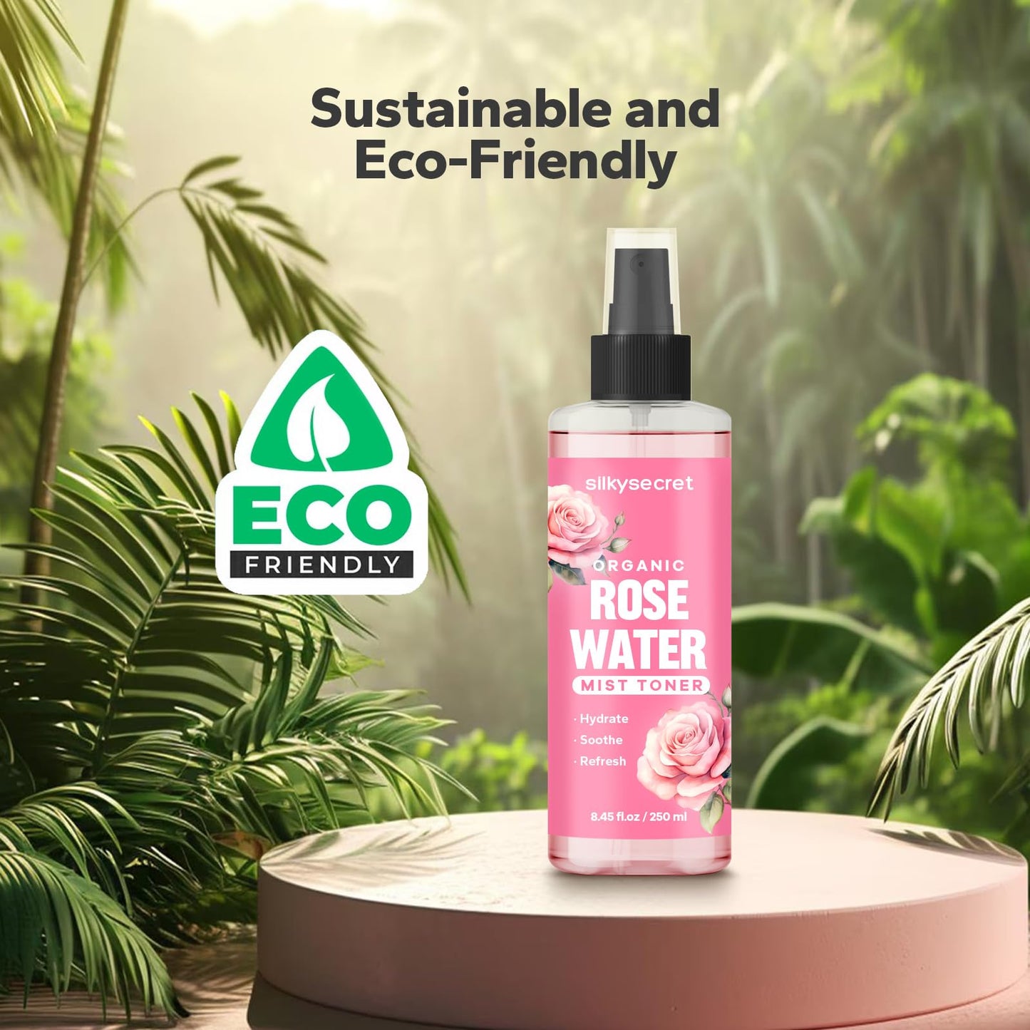 SilkySecret Organic Rose Water Spray 8.45 fl oz, refreshing rosewater for face and hair skincare.