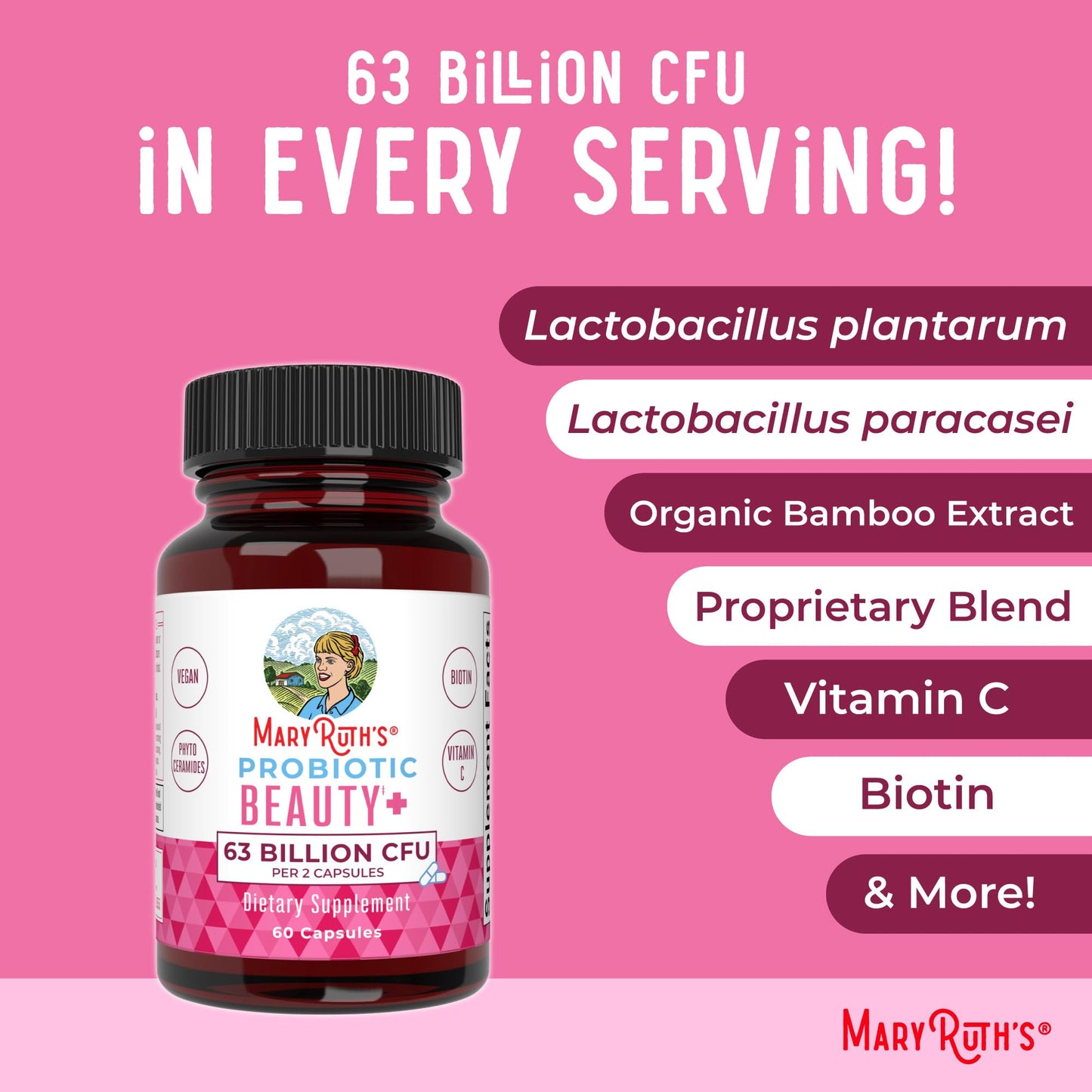 MaryRuth Probiotic Beauty Capsules – Vegan Collagen & Skin Support, 60 Count