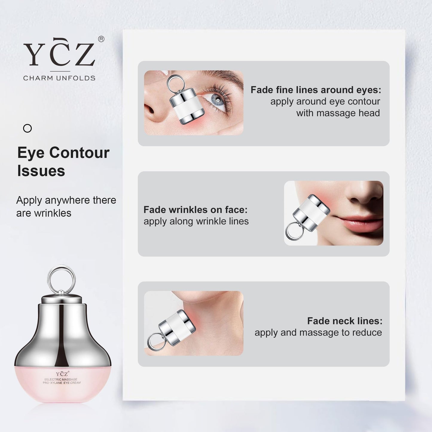 ChatGPT: Ycz Electric Massage Eye Cream with gentle vibration refreshes tired eyes, reduces dark circles, firms skin, smooths fine lines, and moisturizes for anti-wrinkle care.
