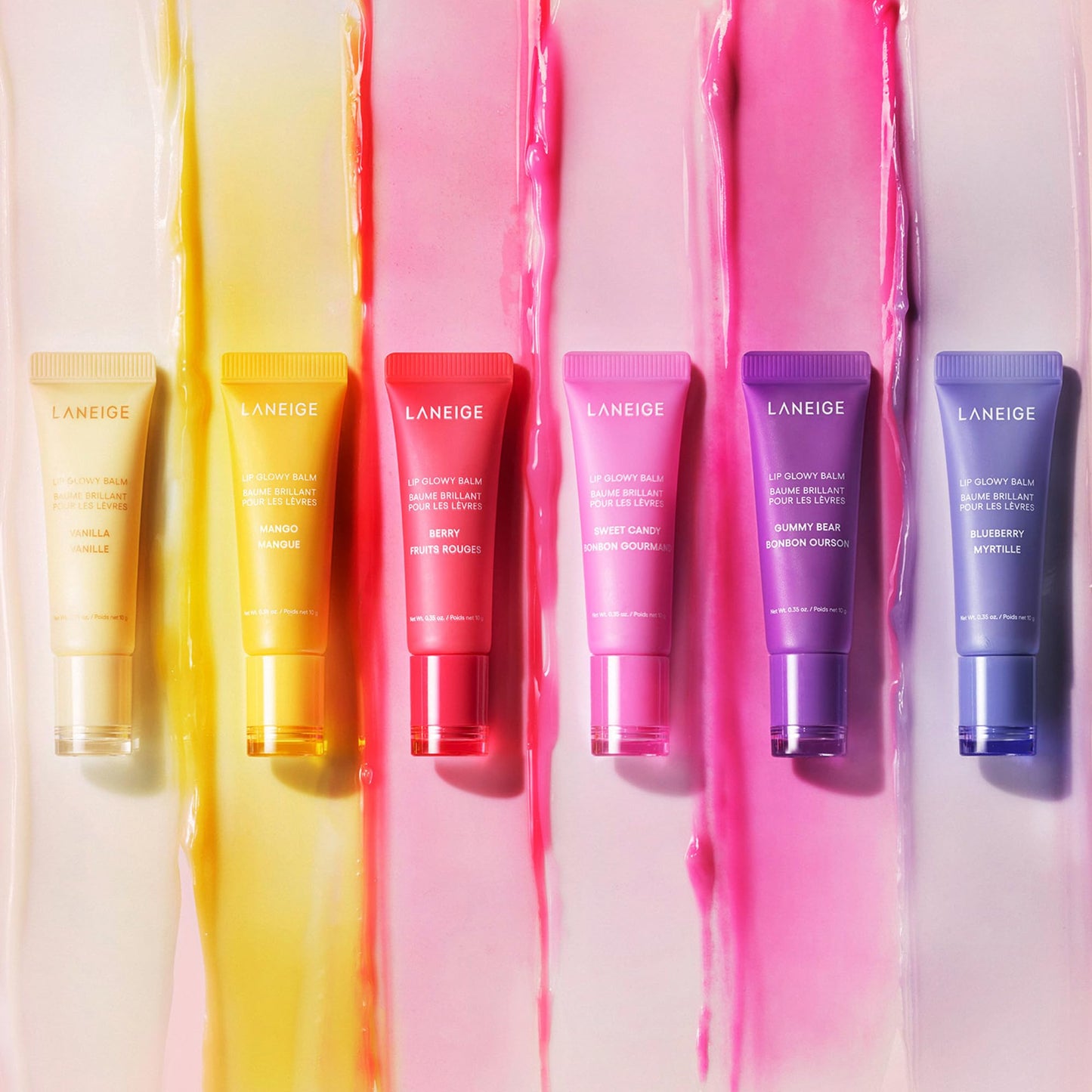 LANEIGE Lip Glowy Balm with shea butter provides sheer tint and hydration for soft, shiny lips.