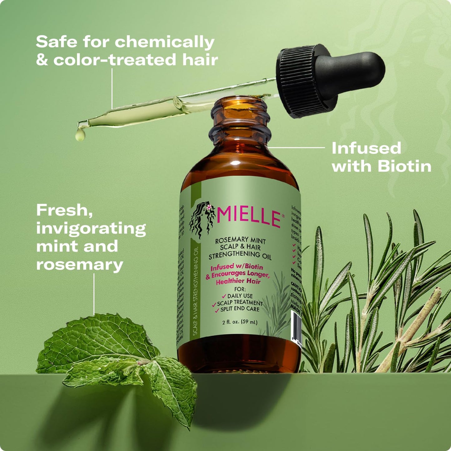 Mielle Rosemary & Mint Hair Oil 2oz, with Biotin, treats split ends, dry scalp, and strengthens hair.