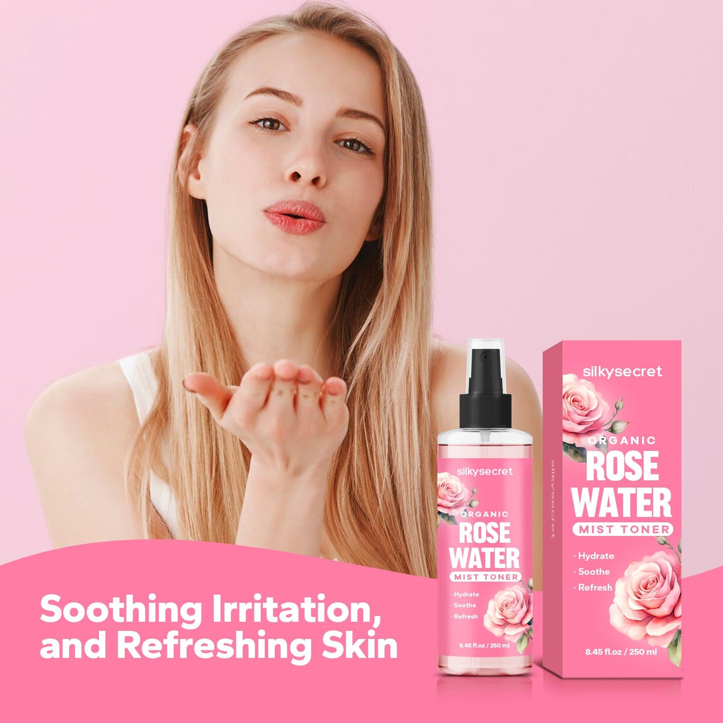 SilkySecret Organic Rose Water Spray 8.45 fl oz, refreshing rosewater for face and hair skincare.