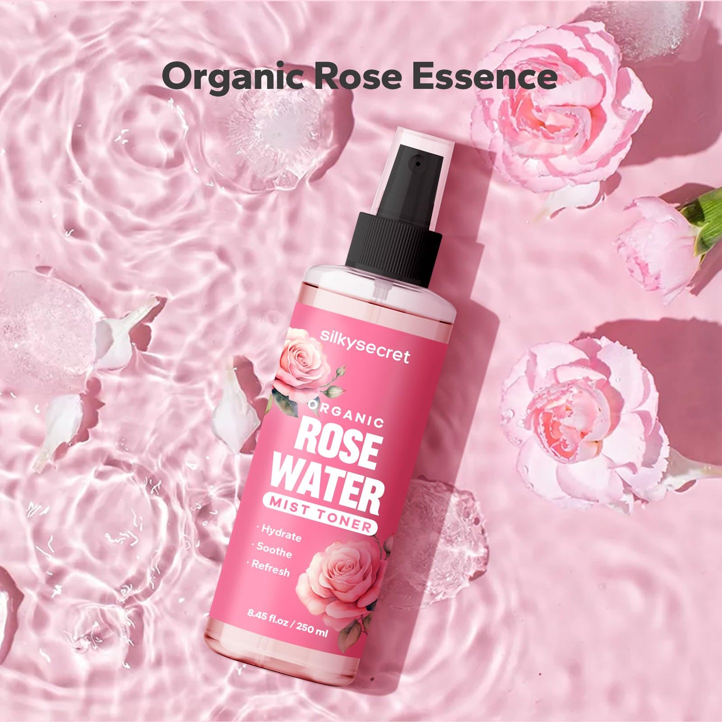 SilkySecret Organic Rose Water Spray 8.45 fl oz, refreshing rosewater for face and hair skincare.