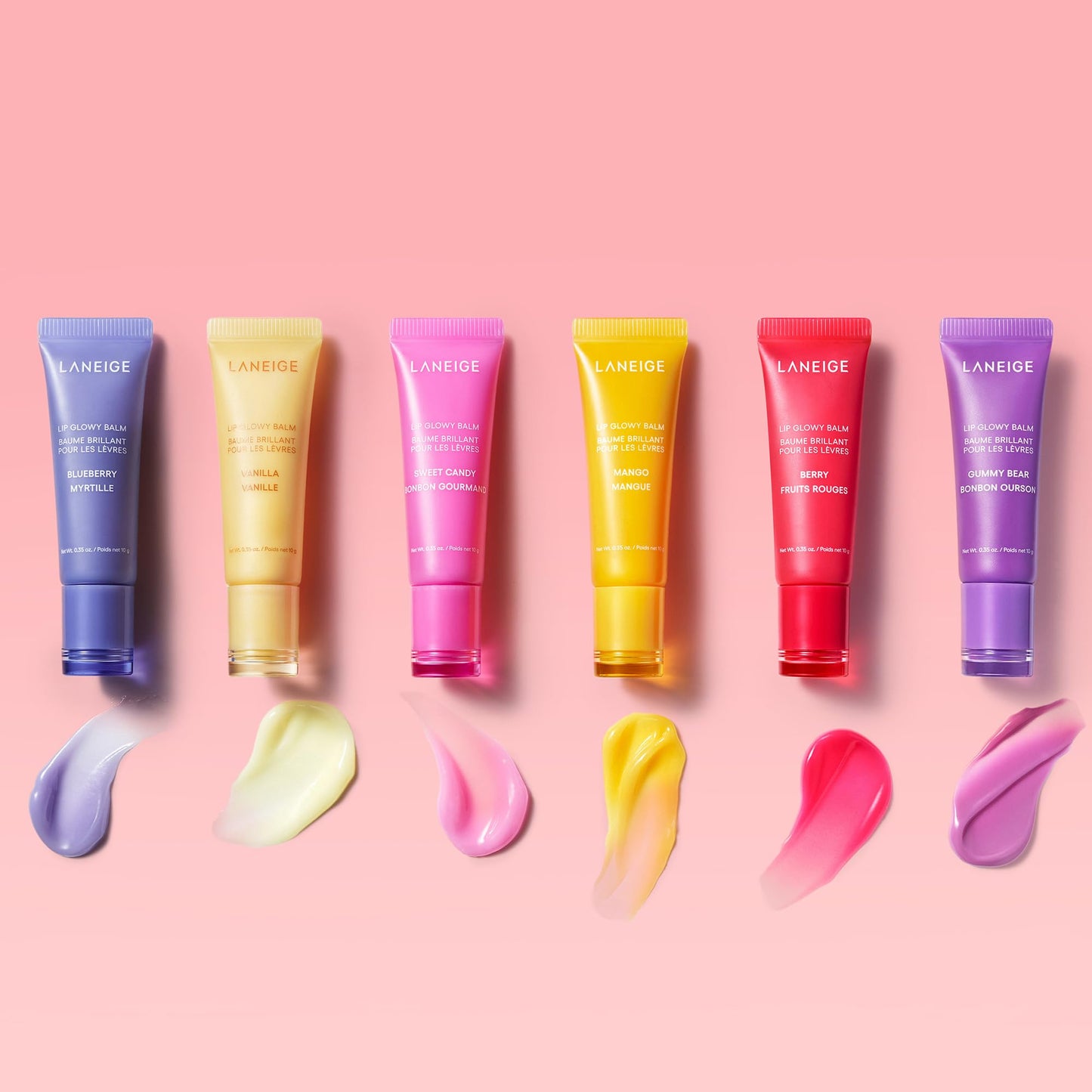 LANEIGE Lip Glowy Balm with shea butter provides sheer tint and hydration for soft, shiny lips.