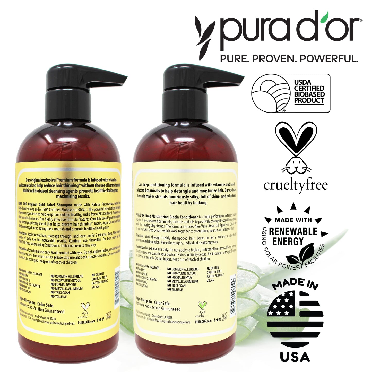 PURA D'OR Anti-Thinning Biotin Shampoo & Conditioner Set, 16oz each, natural scent, clinically tested for thicker, healthier hair, for women and men.