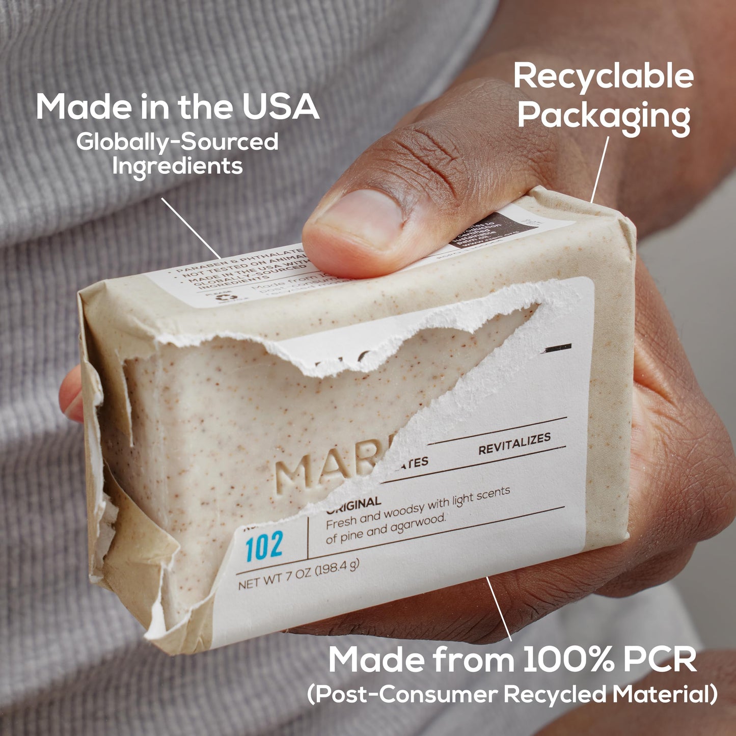 MARLOWE. No.102 Body Scrub Soap 7oz, exfoliates and revitalizes with shea butter, olive oil, and green tea.