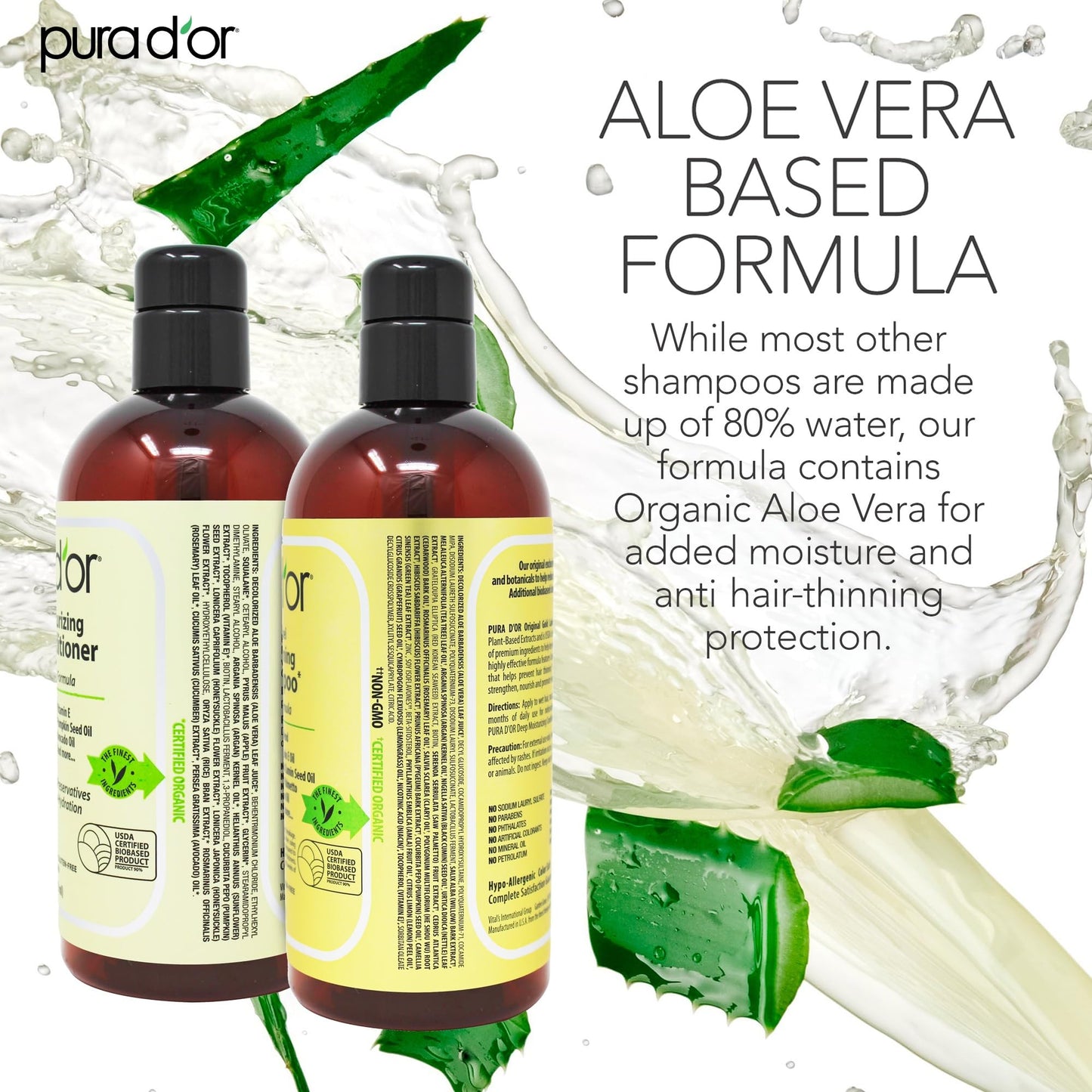 PURA D'OR Anti-Thinning Biotin Shampoo & Conditioner Set, 16oz each, natural scent, clinically tested for thicker, healthier hair, for women and men.