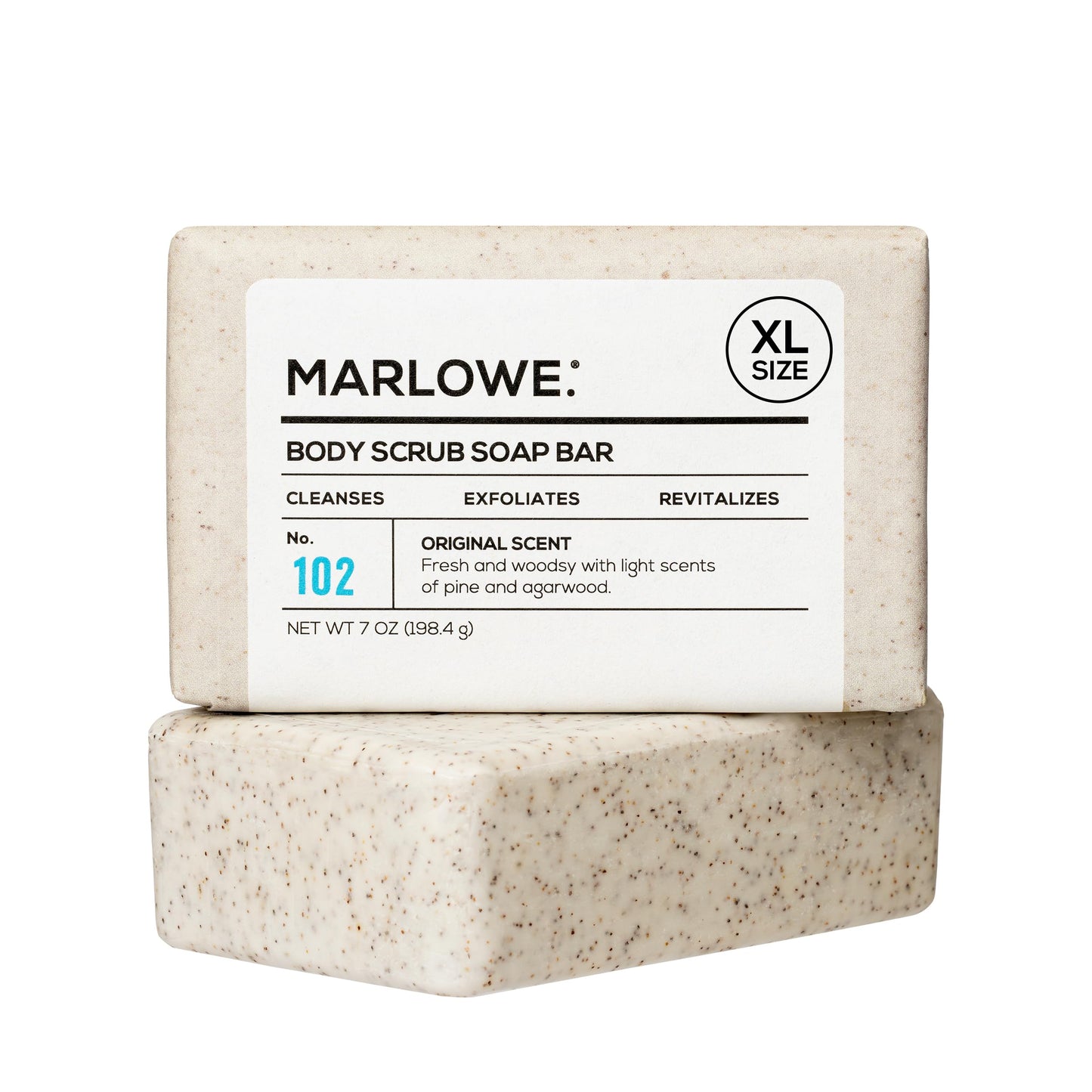 MARLOWE. No.102 Body Scrub Soap 7oz, exfoliates and revitalizes with shea butter, olive oil, and green tea.