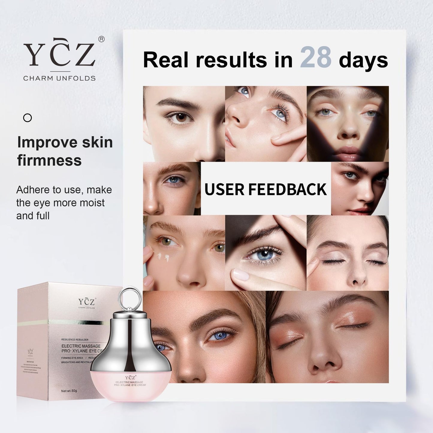 ChatGPT: Ycz Electric Massage Eye Cream with gentle vibration refreshes tired eyes, reduces dark circles, firms skin, smooths fine lines, and moisturizes for anti-wrinkle care.