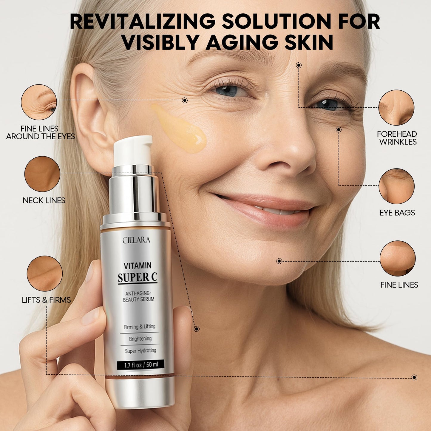 Vitamin C Serum 20%, with Hyaluronic Acid, Vitamin E, Peptides, Collagen for brightening, firming, and anti-aging. 1.7 Fl Oz.