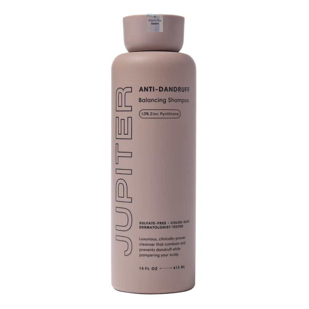Jupiter Anti-Dandruff Shampoo 14 fl oz, vegan, sulfate- and paraben-free. For flaky, itchy scalp, safe for color-treated hair, unisex formula with zinc.