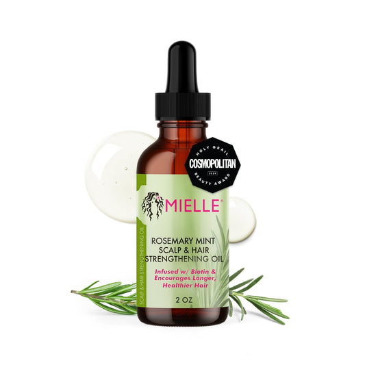 Mielle Rosemary & Mint Hair Oil 2oz, with Biotin, treats split ends, dry scalp, and strengthens hair.