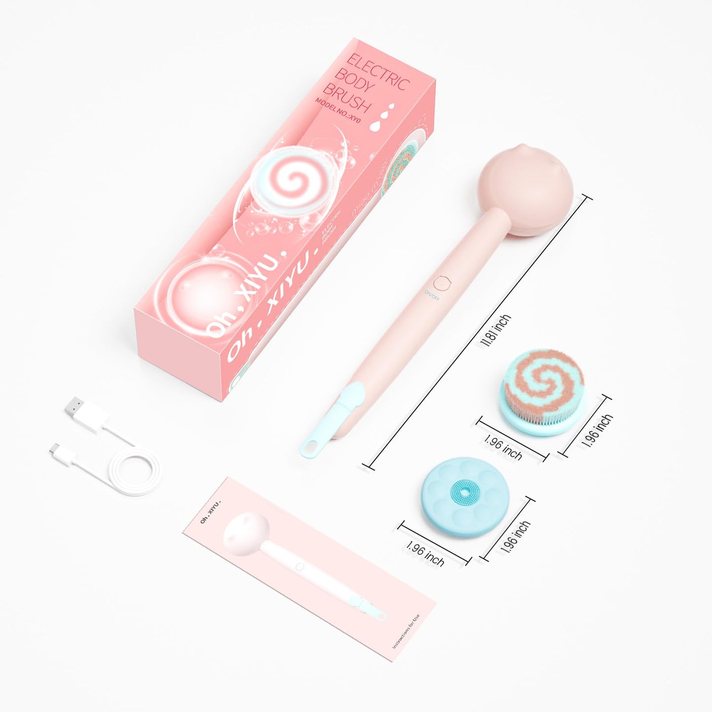 Oh, XIYU Electric Back Scrubber, waterproof body brush with 2 heads, 3 speeds. For shower cleansing, massaging, and exfoliating, berry pink color.