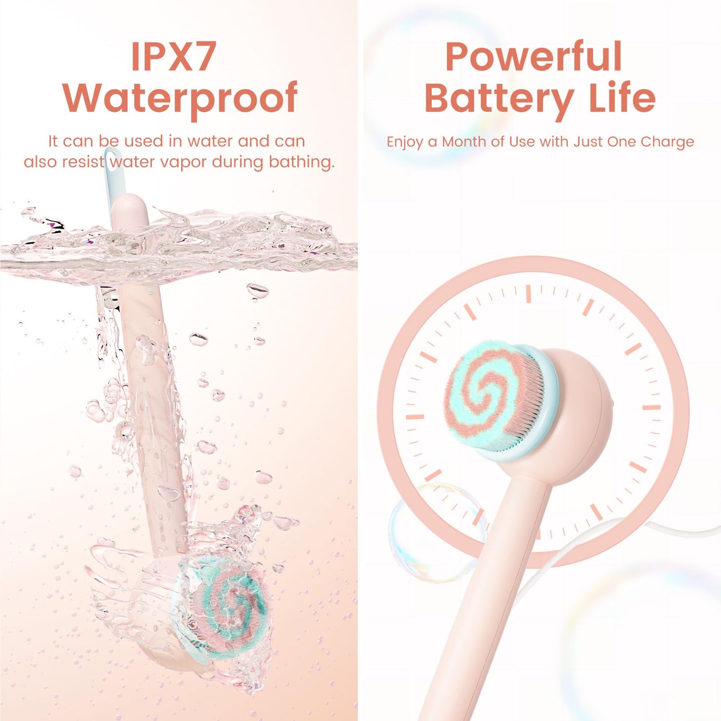 Oh, XIYU Electric Back Scrubber, waterproof body brush with 2 heads, 3 speeds. For shower cleansing, massaging, and exfoliating, berry pink color.
