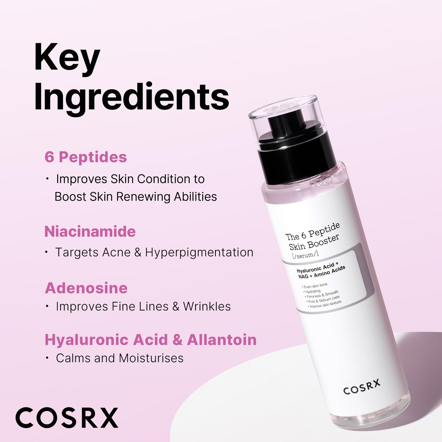 COSRX 6X Peptide Collagen Booster Toner 150ml, with Niacinamide and Hyaluronic Acid, paraben-free.