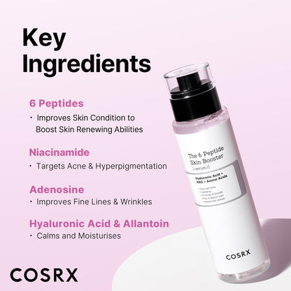 COSRX 6X Peptide Collagen Booster Toner 150ml, with Niacinamide and Hyaluronic Acid, paraben-free.