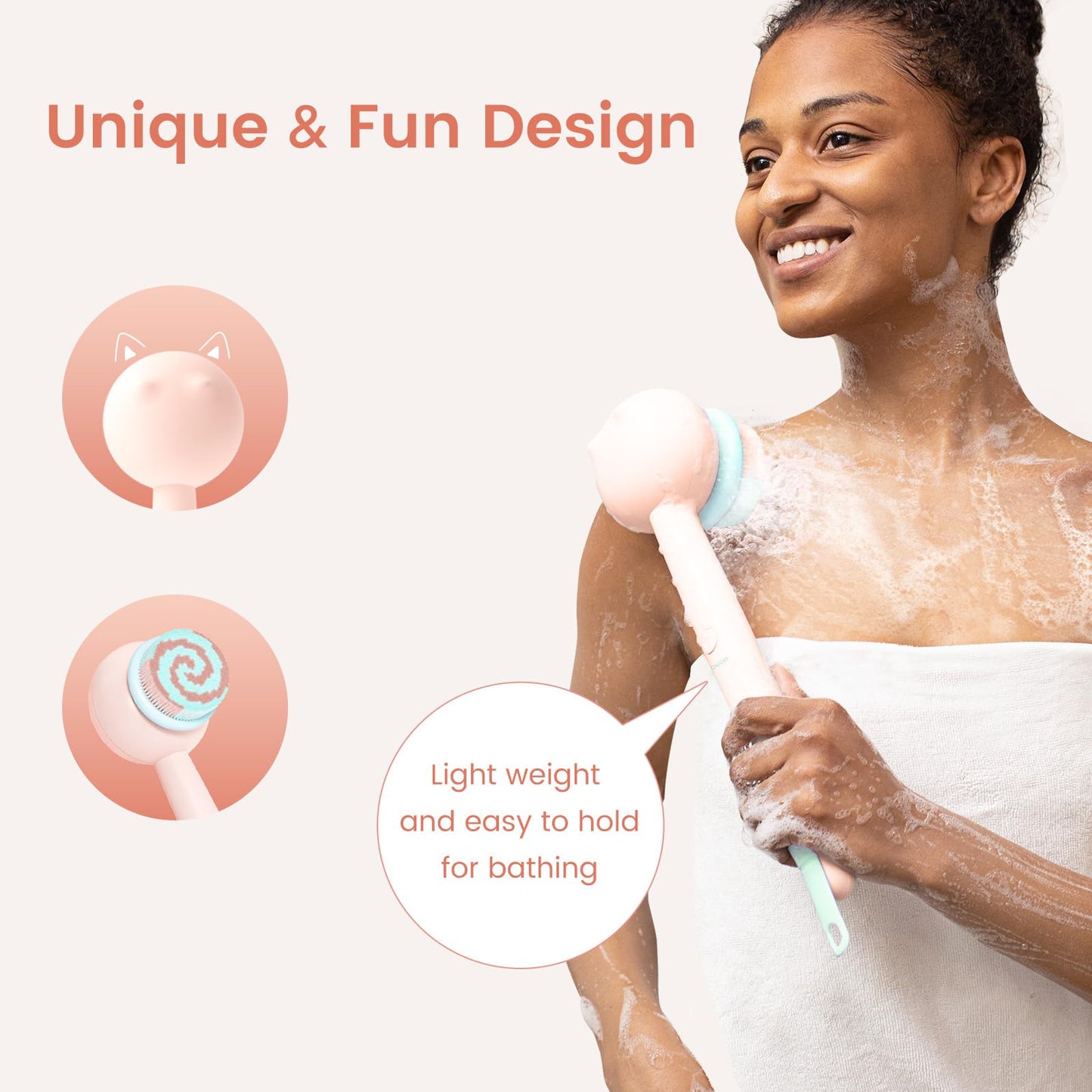Oh, XIYU Electric Back Scrubber, waterproof body brush with 2 heads, 3 speeds. For shower cleansing, massaging, and exfoliating, berry pink color.