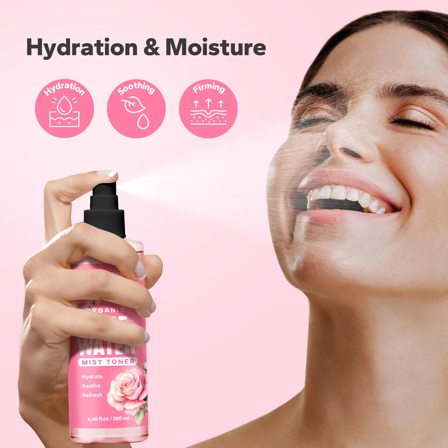 SilkySecret Organic Rose Water Spray 8.45 fl oz, refreshing rosewater for face and hair skincare.