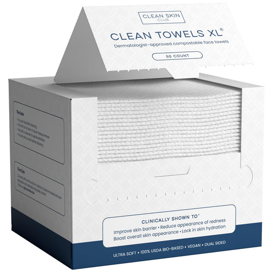 Clean Skin Club XL Towels, 100% USDA Biobased, ultra-soft disposable face wipes, eczema-friendly, makeup remover, 50 count pack.