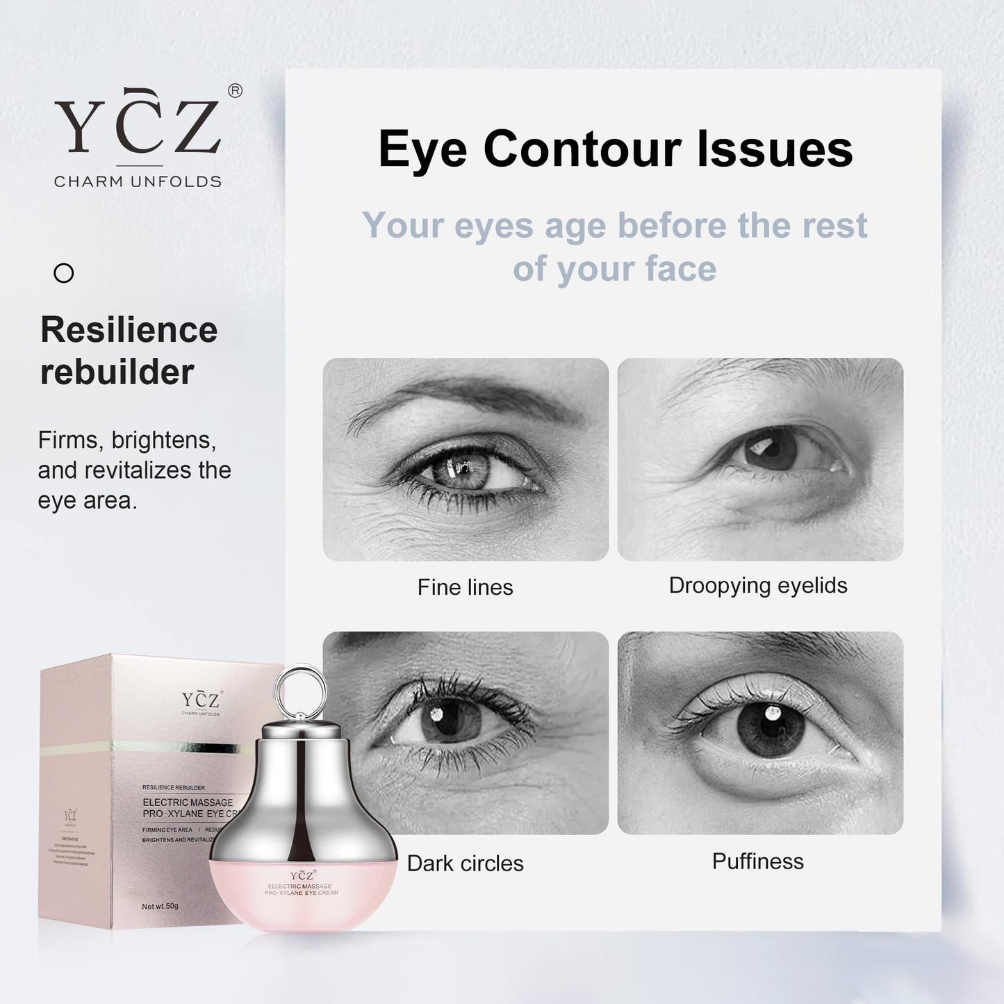 ChatGPT: Ycz Electric Massage Eye Cream with gentle vibration refreshes tired eyes, reduces dark circles, firms skin, smooths fine lines, and moisturizes for anti-wrinkle care.