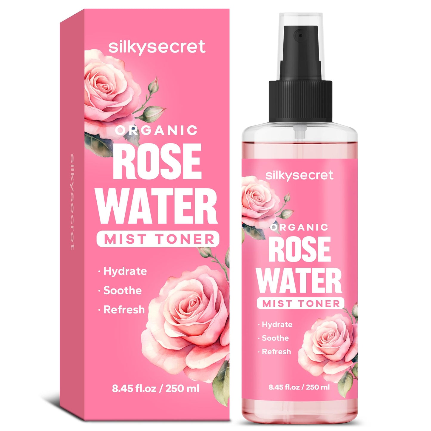 SilkySecret Organic Rose Water Spray 8.45 fl oz, refreshing rosewater for face and hair skincare.