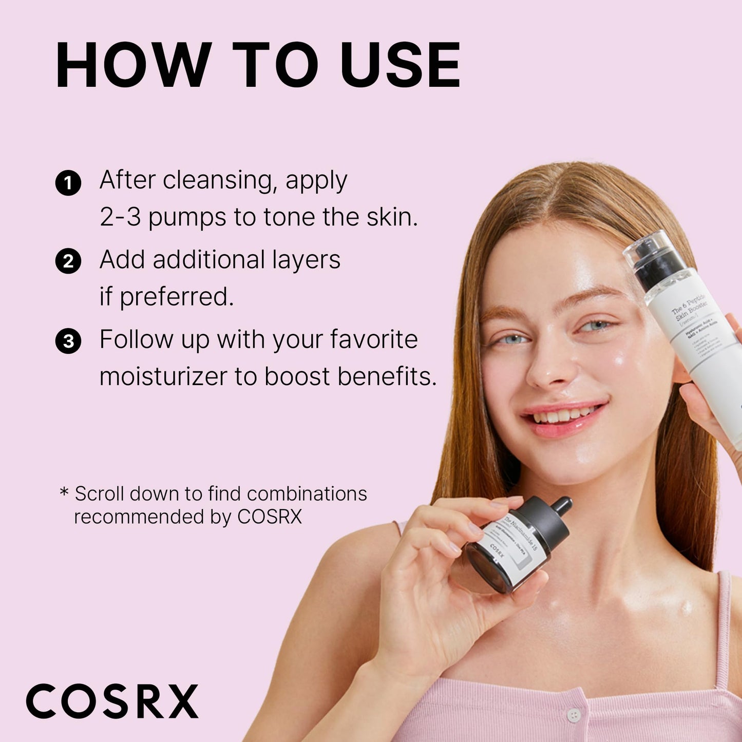 COSRX 6X Peptide Collagen Booster Toner 150ml, with Niacinamide and Hyaluronic Acid, paraben-free.