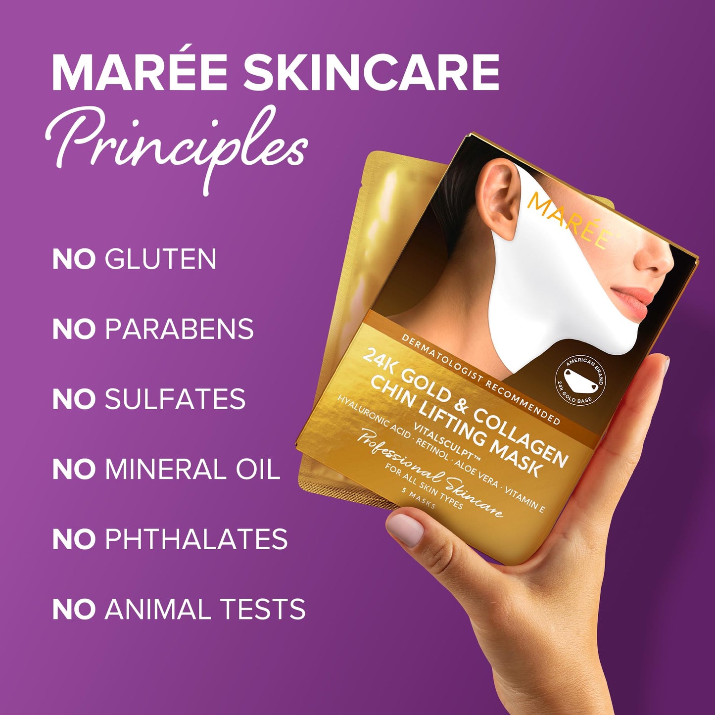 MAREE Collagen Facial Mask with Hyaluronic Acid, hydrating gold face masks, 5-count, skincare for women.