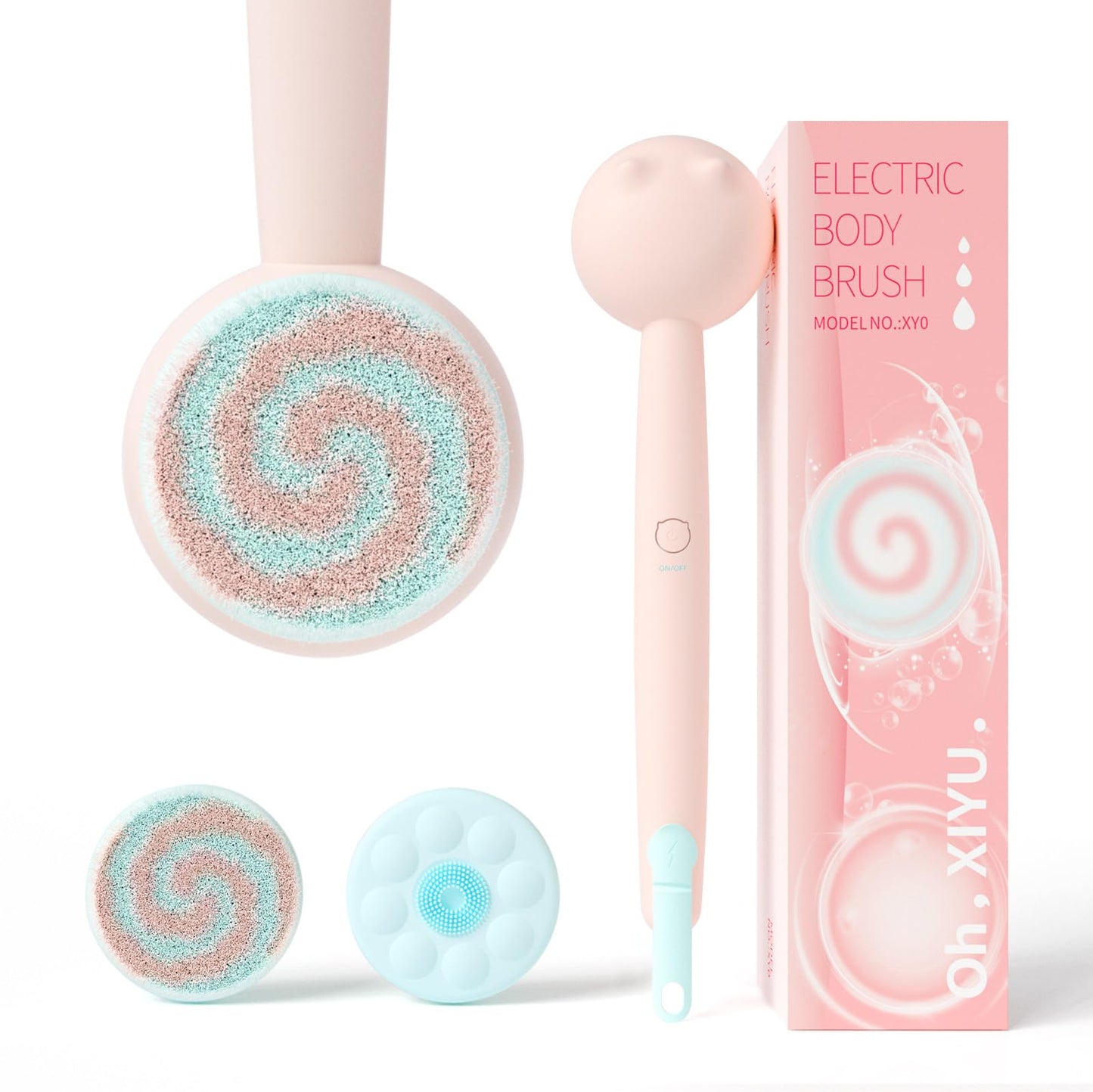 Oh, XIYU Electric Back Scrubber, waterproof body brush with 2 heads, 3 speeds. For shower cleansing, massaging, and exfoliating, berry pink color.