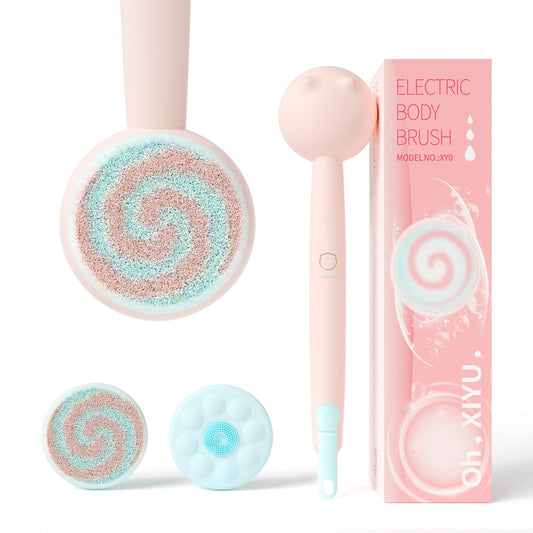 Oh, XIYU Electric Back Scrubber, waterproof body brush with 2 heads, 3 speeds. For shower cleansing, massaging, and exfoliating, berry pink color.