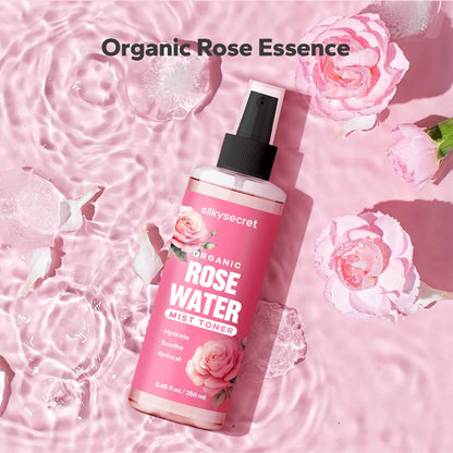 SilkySecret Organic Rose Water Spray 8.45 fl oz, refreshing rosewater for face and hair skincare.