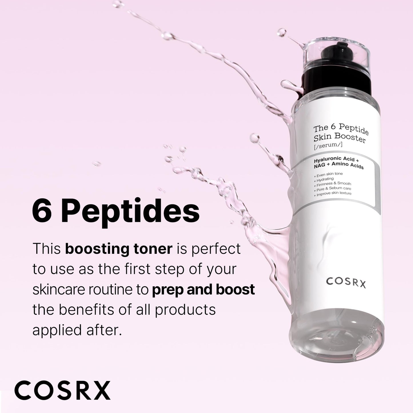 COSRX 6X Peptide Collagen Booster Toner 150ml, with Niacinamide and Hyaluronic Acid, paraben-free.