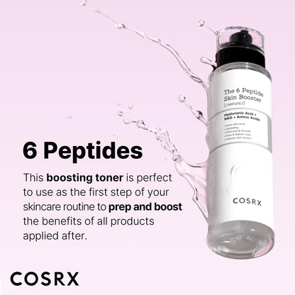 COSRX 6X Peptide Collagen Booster Toner 150ml, with Niacinamide and Hyaluronic Acid, paraben-free.
