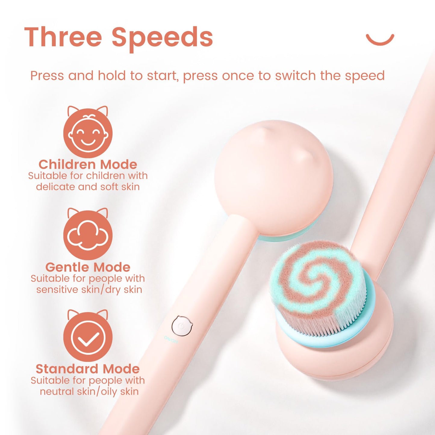 Oh, XIYU Electric Back Scrubber, waterproof body brush with 2 heads, 3 speeds. For shower cleansing, massaging, and exfoliating, berry pink color.