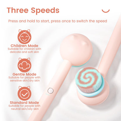 Oh, XIYU Electric Back Scrubber, waterproof body brush with 2 heads, 3 speeds. For shower cleansing, massaging, and exfoliating, berry pink color.