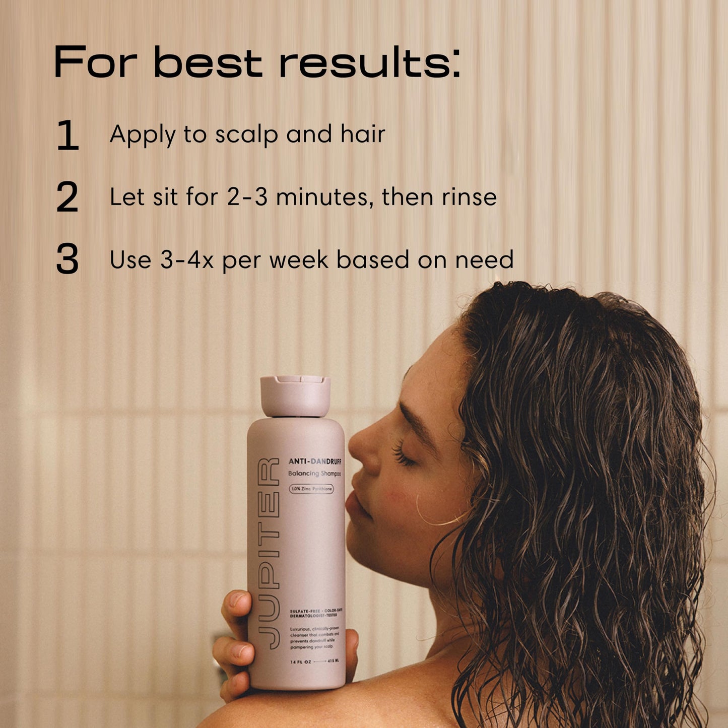 Jupiter Anti-Dandruff Shampoo 14 fl oz, vegan, sulfate- and paraben-free. For flaky, itchy scalp, safe for color-treated hair, unisex formula with zinc.