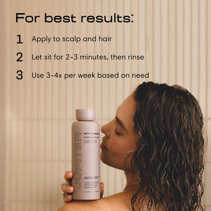 Jupiter Anti-Dandruff Shampoo 14 fl oz, vegan, sulfate- and paraben-free. For flaky, itchy scalp, safe for color-treated hair, unisex formula with zinc.