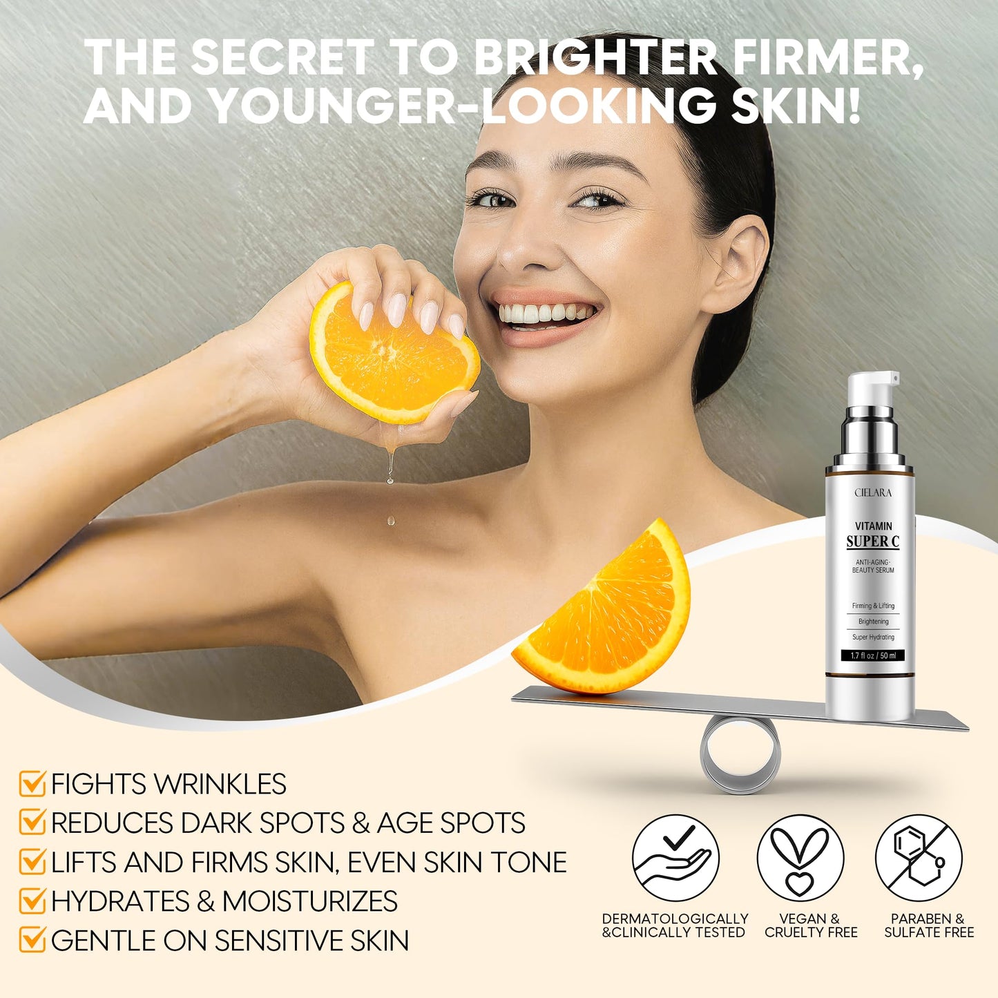Vitamin C Serum 20%, with Hyaluronic Acid, Vitamin E, Peptides, Collagen for brightening, firming, and anti-aging. 1.7 Fl Oz.