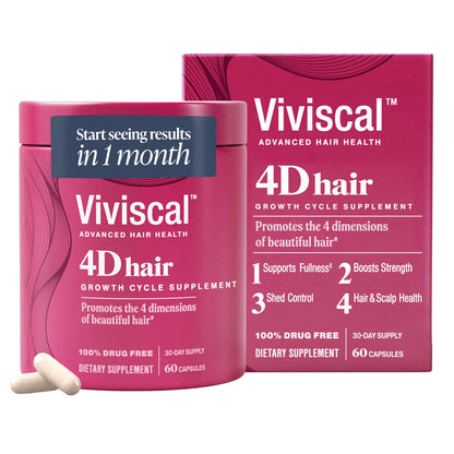 Viviscal 4D Hair Growth Supplements for Women, 30-day supply, with keratin, biotin, vitamin A, and zinc for fuller, stronger, healthier hair.