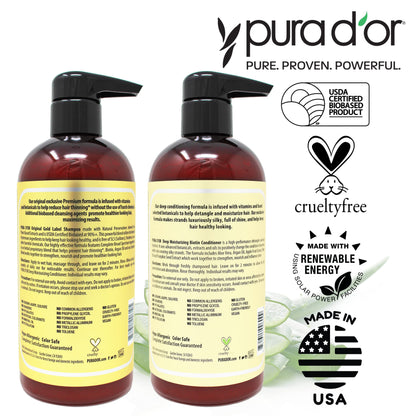 PURA D'OR Anti-Thinning Biotin Shampoo & Conditioner Set, 16oz each, natural scent, clinically tested for thicker, healthier hair, for women and men.