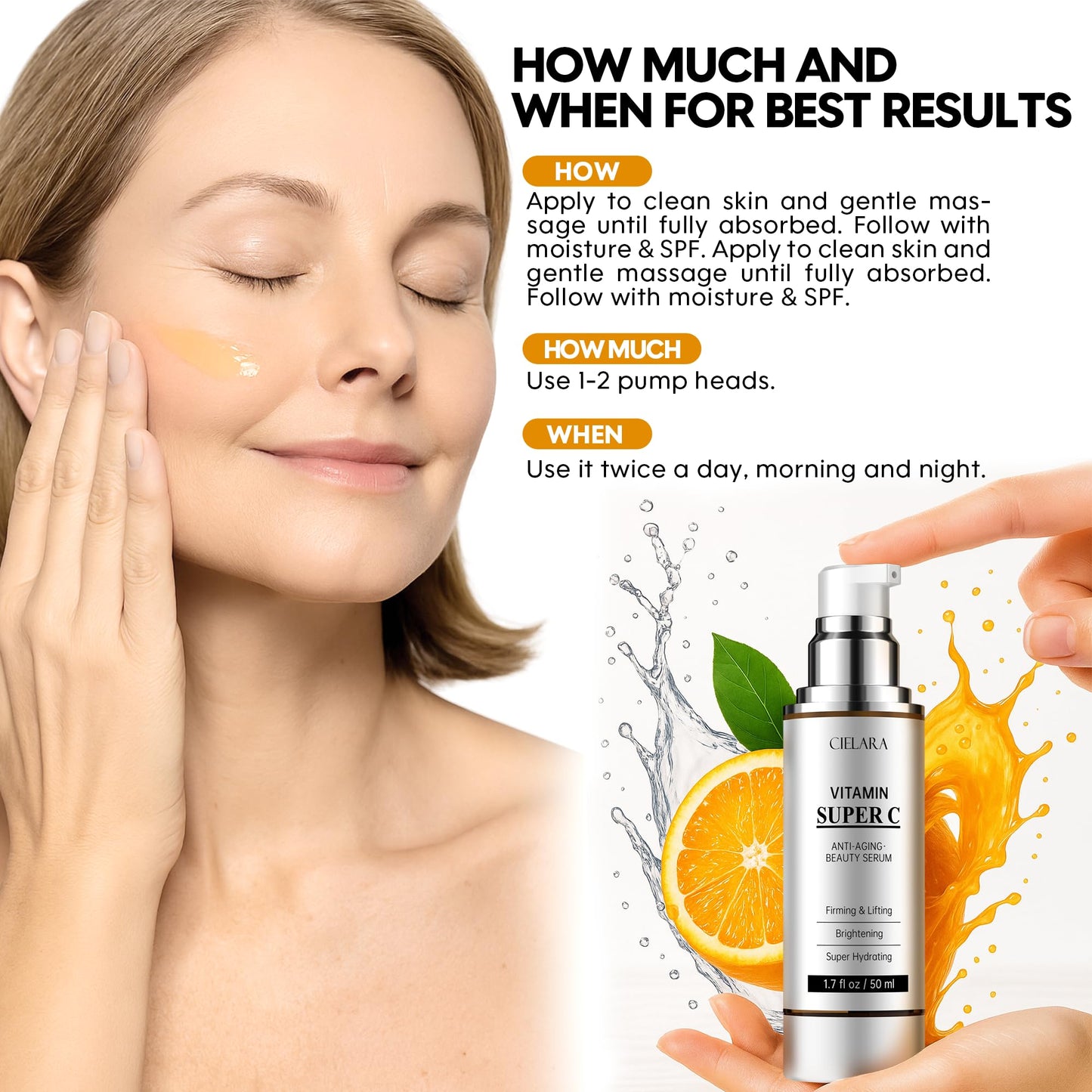Vitamin C Serum 20%, with Hyaluronic Acid, Vitamin E, Peptides, Collagen for brightening, firming, and anti-aging. 1.7 Fl Oz.