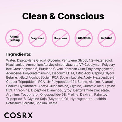 COSRX 6X Peptide Collagen Booster Toner 150ml, with Niacinamide and Hyaluronic Acid, paraben-free.