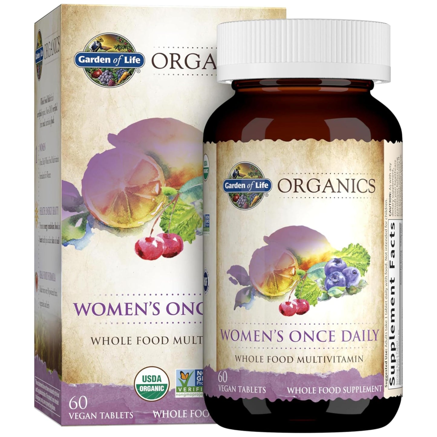 Garden of Life Women’s Multivitamin, 60 tablets, organic, vegan, with iron and biotin for energy, hair, skin, and nails.