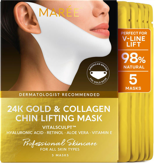 MAREE Collagen Facial Mask with Hyaluronic Acid, hydrating gold face masks, 5-count, skincare for women.