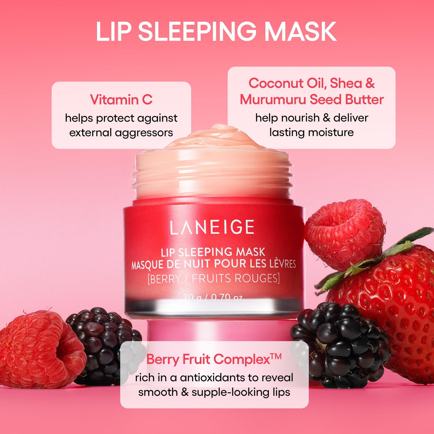 LANEIGE Lip Sleeping Mask Berry nourishes and hydrates dry lips overnight with vitamin C, shea, and murumuru butter.