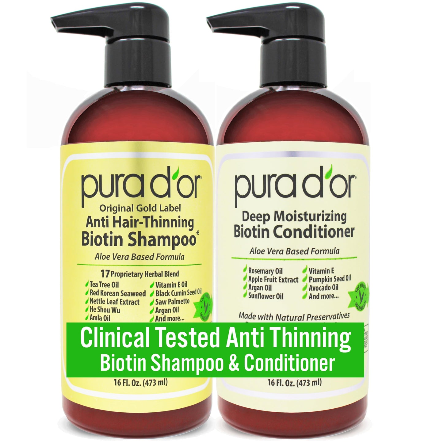 PURA D'OR Anti-Thinning Biotin Shampoo & Conditioner Set, 16oz each, natural scent, clinically tested for thicker, healthier hair, for women and men.