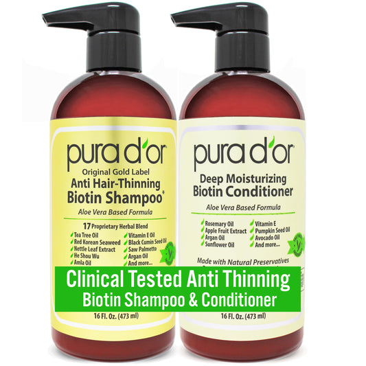 PURA D'OR Anti-Thinning Biotin Shampoo & Conditioner Set, 16oz each, natural scent, clinically tested for thicker, healthier hair, for women and men.